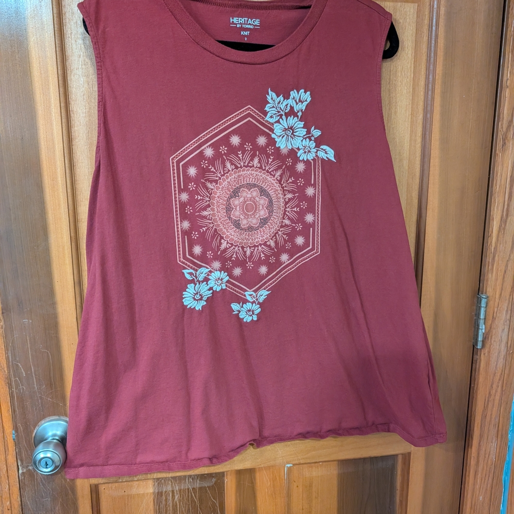 Torrid Maroon Muscle Tee with Floral Design
